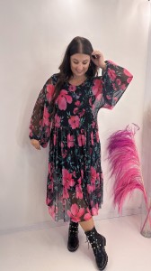 Kwiecista sukienka midi w dużym rozmiarze SOLAIN FLOWERS z siateczkowymi szerszymi rękawami (rozmiar uniwersalny) 