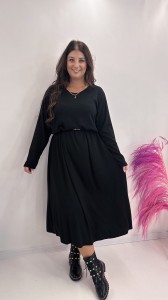 Sukienka z długim rękawem plus size CLASSITA BLACK z delikatnym odcięciem w pasie (rozmiar uniwersalny)