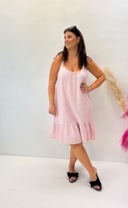 Muślinowa sukienka damska plus size HARRIET, w kolorze pudrowego różu, o długości do kolana i luźnym, trapezowym kroju, na cienkich ramiączkach (rozmiar uniwersalny)