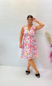 Różowa, bawełniana sukienka damska plus size ELENA, o długości przed kolano, z falbankami na ramionach  (rozmiar L-4XL)