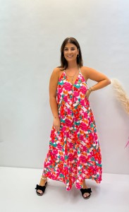 Ciemno różowa sukienka maxi plus size NOEL, w kwiaty, z wiązaniem na szyi, bez pleców (rozmiar L-4XL)