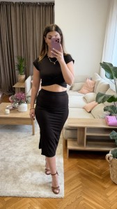 Selena – czekoladowy komplet damski top + spódnica midi 